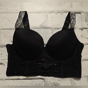 Bebe Black Longline Bra 34C Rhinestone Straps